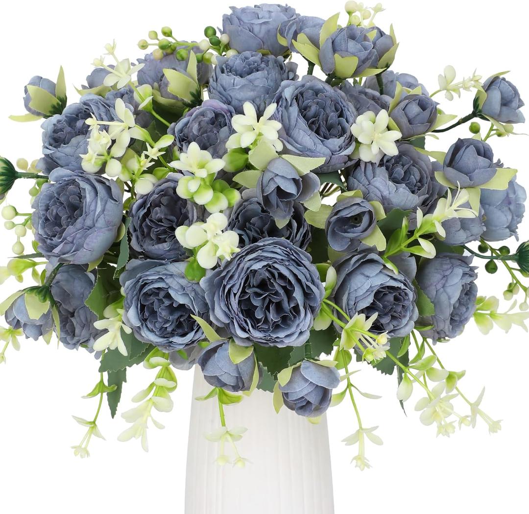 Floweroyal 4 Bunches Peony Artificial Flowers Teal Blue Flowers Silk Peonies Bouquets for Wedding Party Table Centerpieces Floral Arrangement Home Kitchen Decor