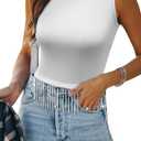 Womens Nashville Sparkly Rhinestone Fringe Sleeveless Tops Concert Raceback Ribbed Tank Tops with Glitter Tassel (Large, 2-white)