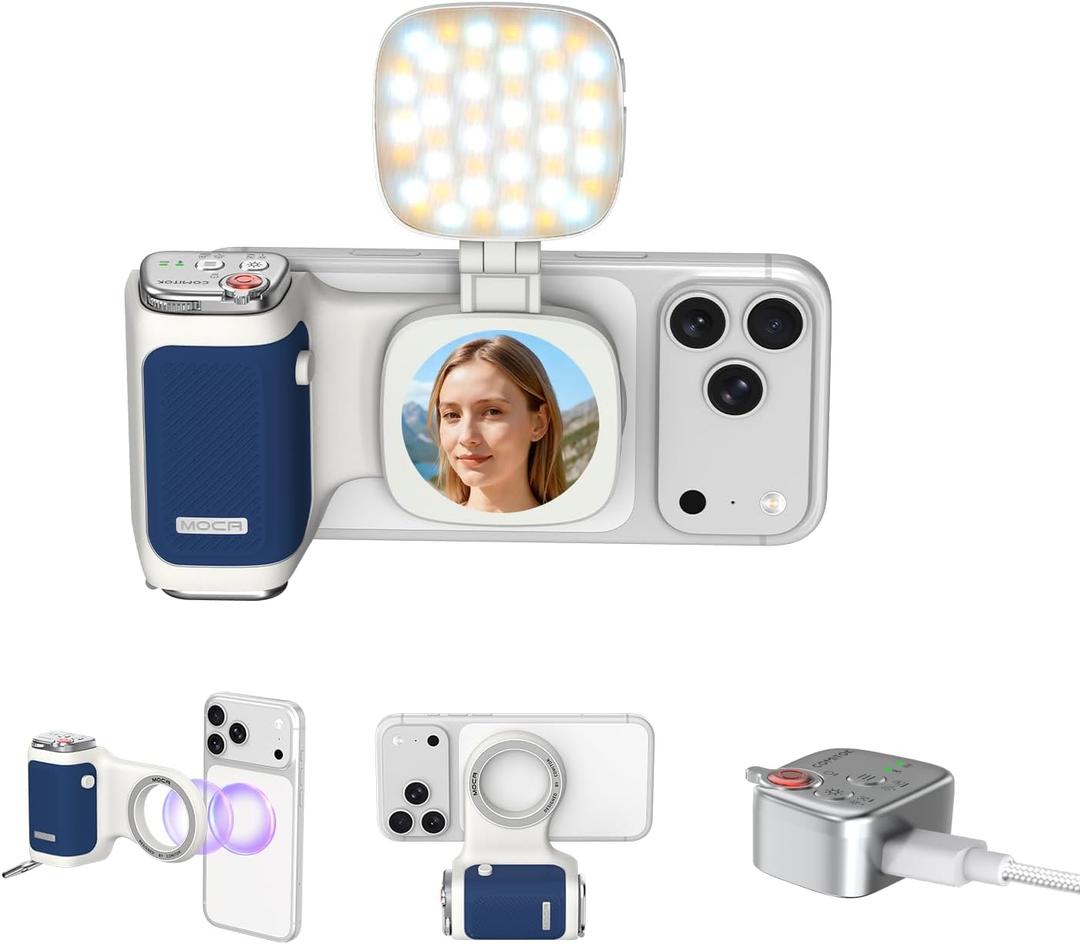 COMITOK iPhone Camera Grip MOCA with Magnet Fill Light & Mirror for 17 Pro iOS26 Native Camera, Fun Shot Magnetic Grip for Phone Compatible iOS17 and iOS18 with Anti-Drop Detachable Remote & Keychain (Blue)