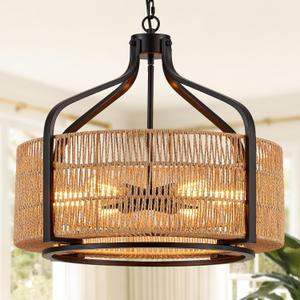 21.8" Black Rattan Farmhouse Chandelier, 6-Light Wicker Fixture
Large Rattan Wicker Chandeliers, Vintage Coastal Drum Style, Ideal for Dining Room, Living Room, Bedroom, Adjustable Height