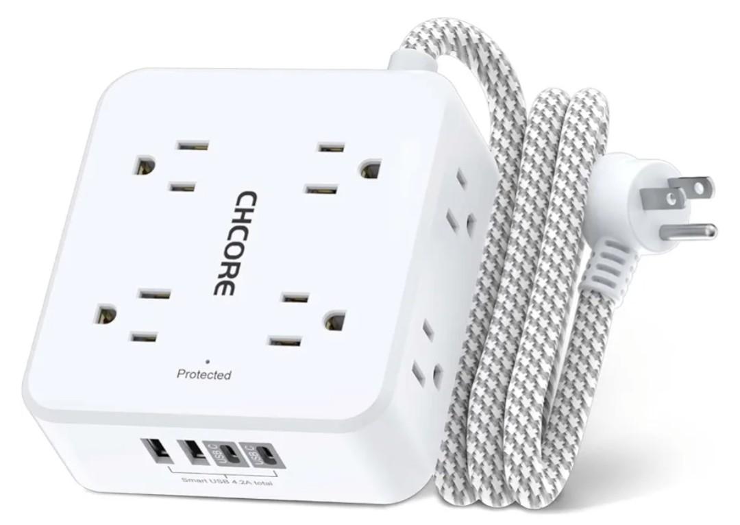 Surge Protector Power Strip - CHCORE 5Ft Braided Extension Cord with 8 Outlets with 4 USB (2 USB C) Charging Ports, Flat Plug Multi Plug Outlet Extender Charging Station for Home Office, ETL, White