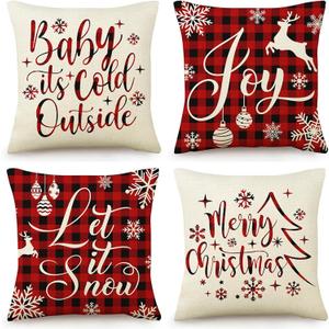 Christmas Pillow Covers 18x18 Set of 4 Christmas Decorations White and Red Pillow Cases Winter Outdoor Decor Snowflake Deer Xmas Tree Cushion Covers for Couch Sofa Bed Car