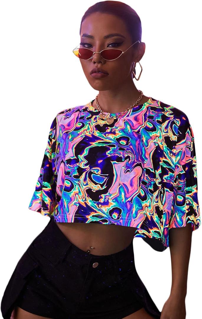Floerns Women's Casual Reflective Short Sleeve Round Neck Crop Tops T Shirts (X-Large)