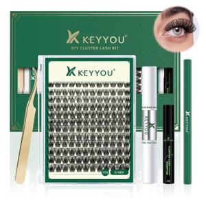 DIY Lash Extension Kit KEYYOU 144pcs Lash Clusters Eyelash Extension Kit with Mascara Brush Bond and Seal Lash Glue Remover Lash Applicators Lash Brush Clean Pad for DIY Lash Extensions (Y01 Kit)