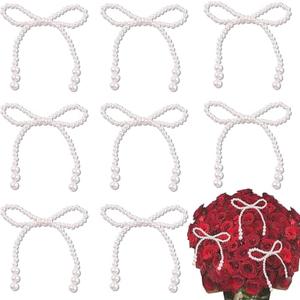 8PCS Pearl Bow Decoration for Bouquets Pearl Bow Cake Decor Topper Beaded Bridal Shower Decoration for Wedding Bridal Shower Birthday Wrapper