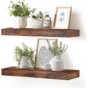24x6.8x2 Inch Rustic Floating Shelves for Wall Set of 2 - Brown Solid Wood Wall Mounted Shelves with Invisible Bracket, Extended Design for Farmhouse Living Room Bedroom Kitchen Decor