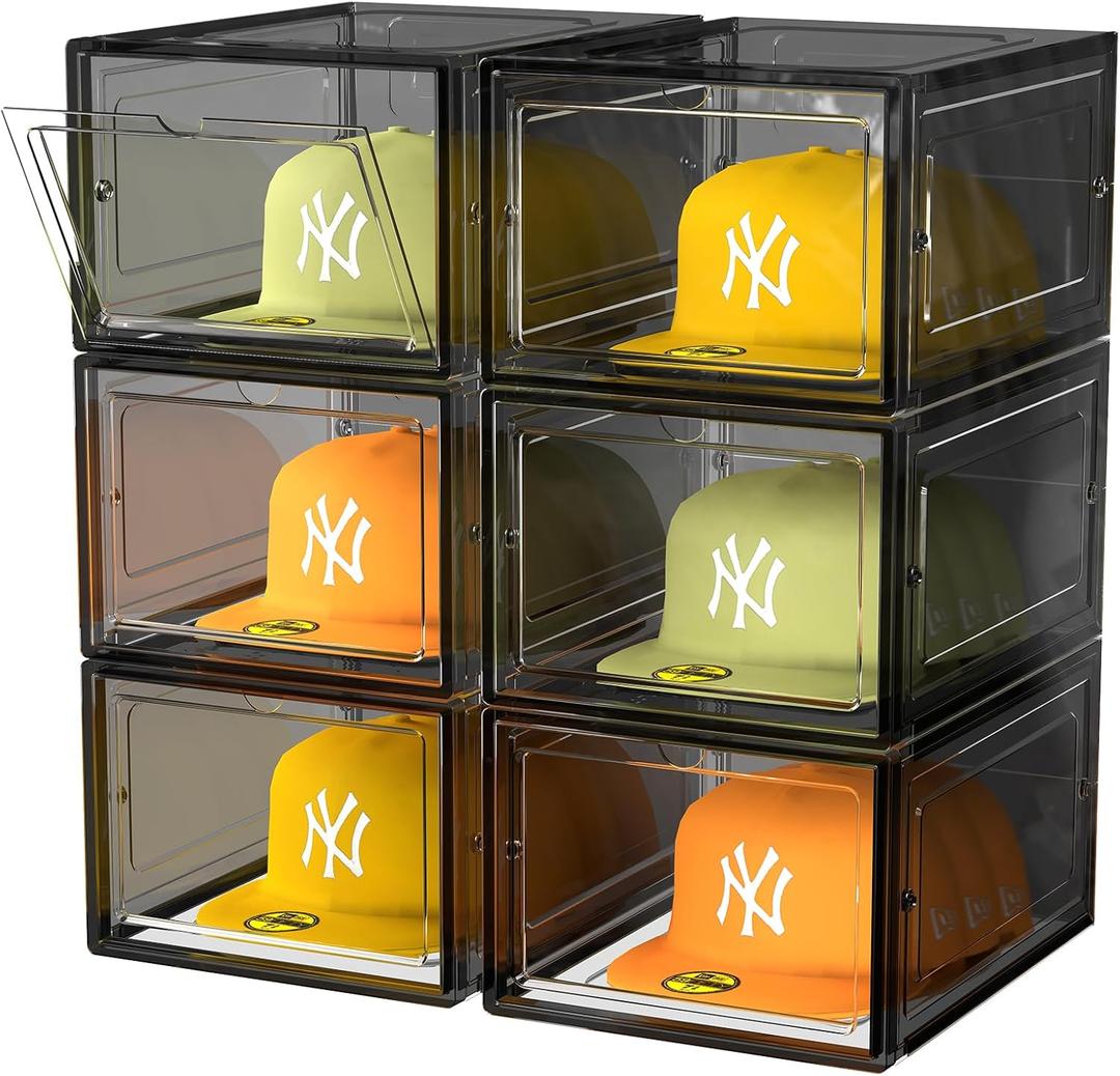 SCAVATA Hat Organizer Box, Stackable Clear Baseball Caps Holder Box Containers with Magnetic Door for Hats Snapback Cap Storag, Hat Rack Display Case, Holds 8 Hats Each (Black, 6 Pack)