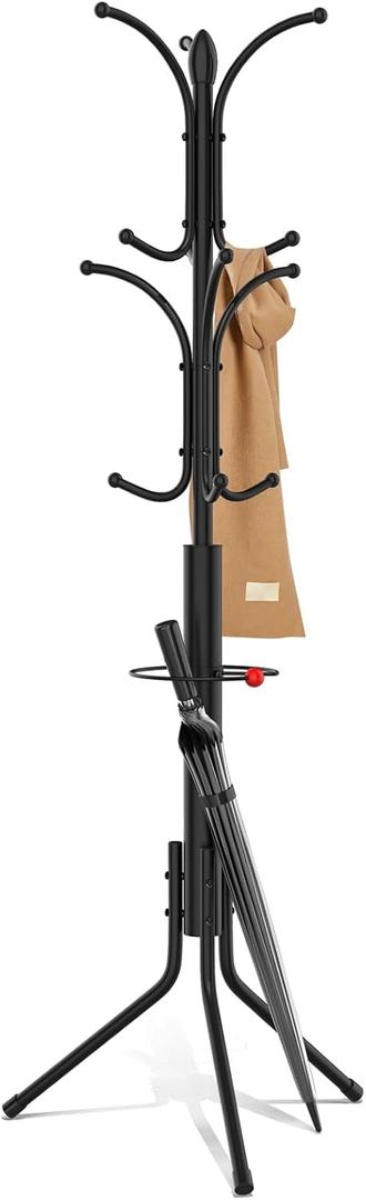Coat Rack Freestanding,12 Hooks Metal Coat Racks with Umbrella Holder,Sturdy Hall Rree,Easy Assembly Coat Rack Stand for Hanging Scarf, Purse, Hats, Jacket(Black)