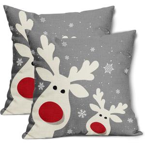 Deer Christmas Pillow Covers 18X18 Inch Winter Grey Snowflake Reindeer Decorative Pillow Cases Merry Christmas Holiday Gray Square Throw Pillows Set of 2 Home Decor For Sofa Couch Bedroom Outdoor