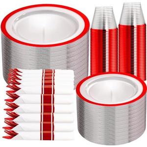 I00000 350 Pcs Clear and Red Plastic Plates,Clear Disposable Dinnerware Set, Include 50 Dinner Plates, 50 Dessert Plates,50 Red Rim Cups,50 Per Rolled Napkins with Plastic Cutlery for Wedding Party