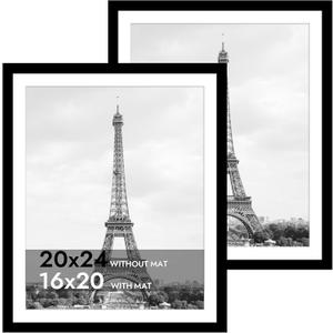 iRahmen 20x24 Picture Frame Set of 2 with Plexiglass, Black Wood Poster Frame for Wall Mounting Display 16x20 Picture with Mat or 20 x 24 Without Mat