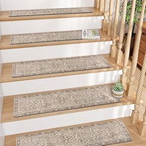 Tiveney Stair Treads Non Slip 15PCS 8"x30" Stair Runner, Rubber Backing Carpet Stair Treads for Wooden Steps, Washable Safety Carpet for Stairs Khaki Indoor Staircase Step Treads for Kids Elder Dogs