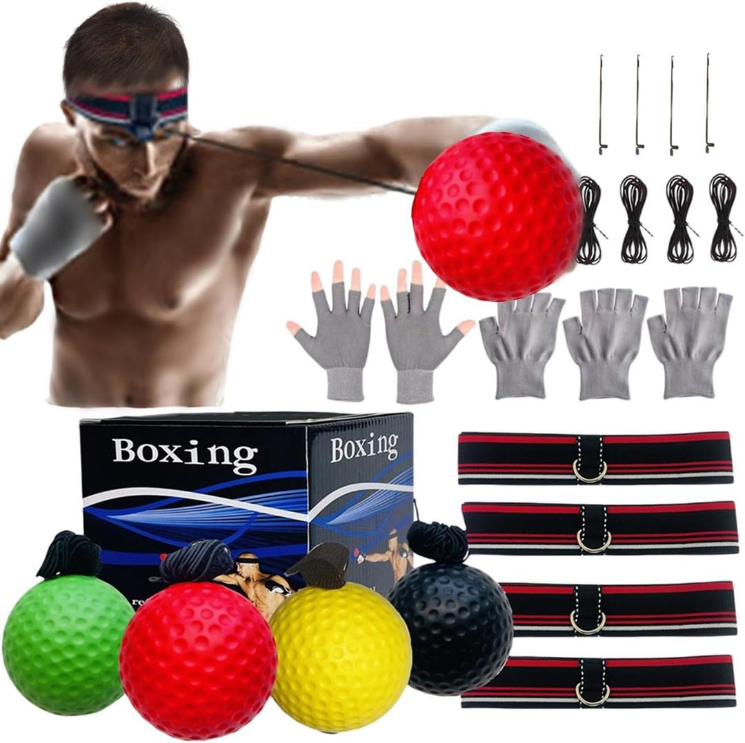 Reflex Balls Boxing Headband Set for MMA Boxing Kickboxing Training Reaction Ball Kit Includes 4 Different Levels Balls+4 Elastic Headbands+4 Spare Lines+4 Gloves for All People