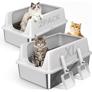 2 Pack XL Stainless Steel Litter Box with High Sides for Large Cat
Extra Large Tall Wall Open Top Deep Metal Pan, Anti-Leak Non-Stick Odor Control, 2 Scoops Included