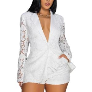 Wuitrie Shorts Sets Women 2 Piece Outfits Sexy Lace V Neck Button Blazer Bodycon Shorts Suits Business Casual Outfit White, m