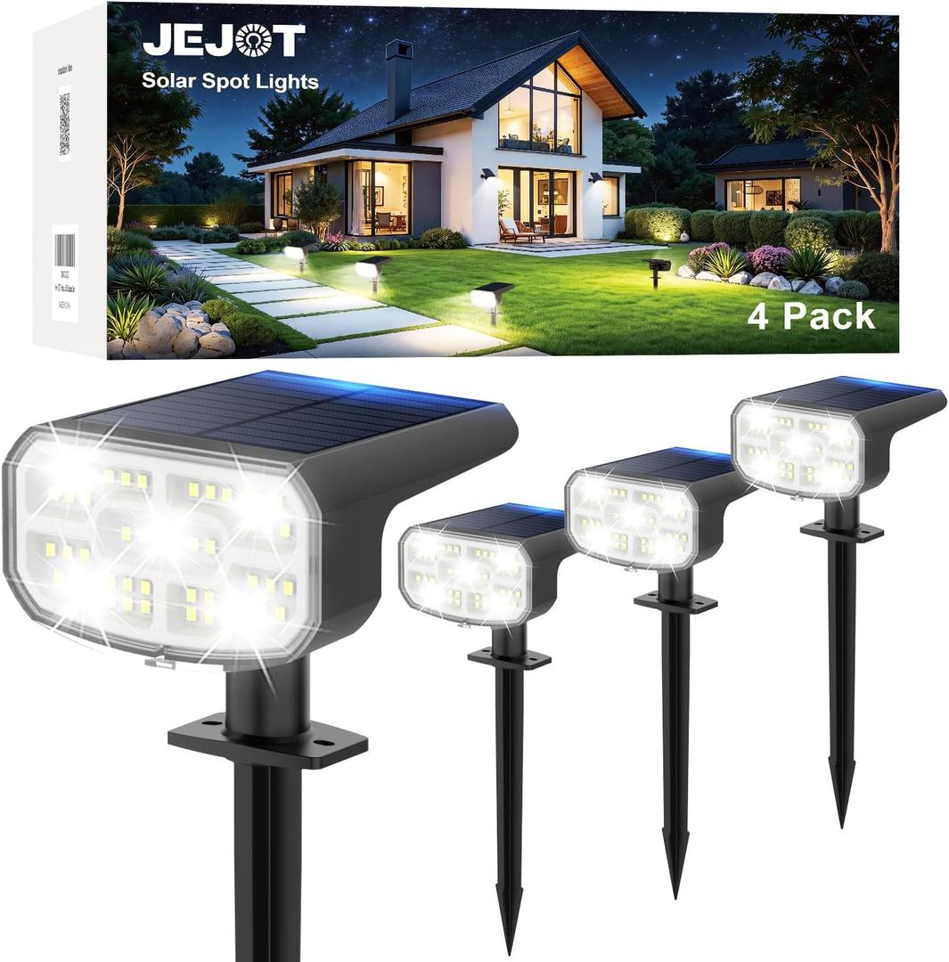 Solar Spot Lights Outdoor Waterproof IP65,4 Pack,Cool Light,2 Lighting Modes Selectable, Solar Powered Yard Garden Solar Spot Lights for Outside Landscape Auto On/Off