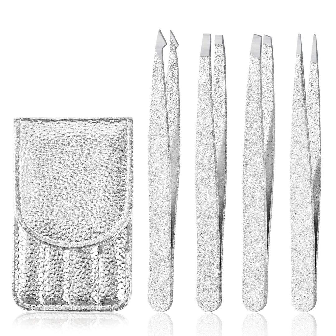3 x Eyebrow Tweezer Set, 4 Pcs Professional Stainless Steel Tweezers for Women, Precision Tweezer for Facial Hair, Splinter and Ingrown Hair RemovalBright silver
