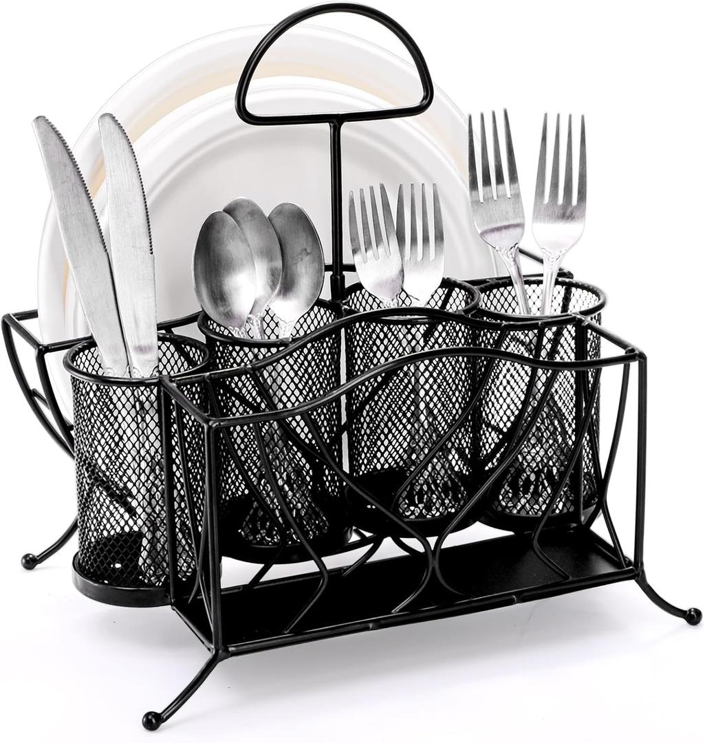 Bekith Silverware Caddy Paper Plate Napkin Holder, Utensil Holder with Handle, Countertop Flatware Caddy Portable Cutlery Storage Organizer for Kitchen, Picnic, Camping, Party, Metal Mesh, Black