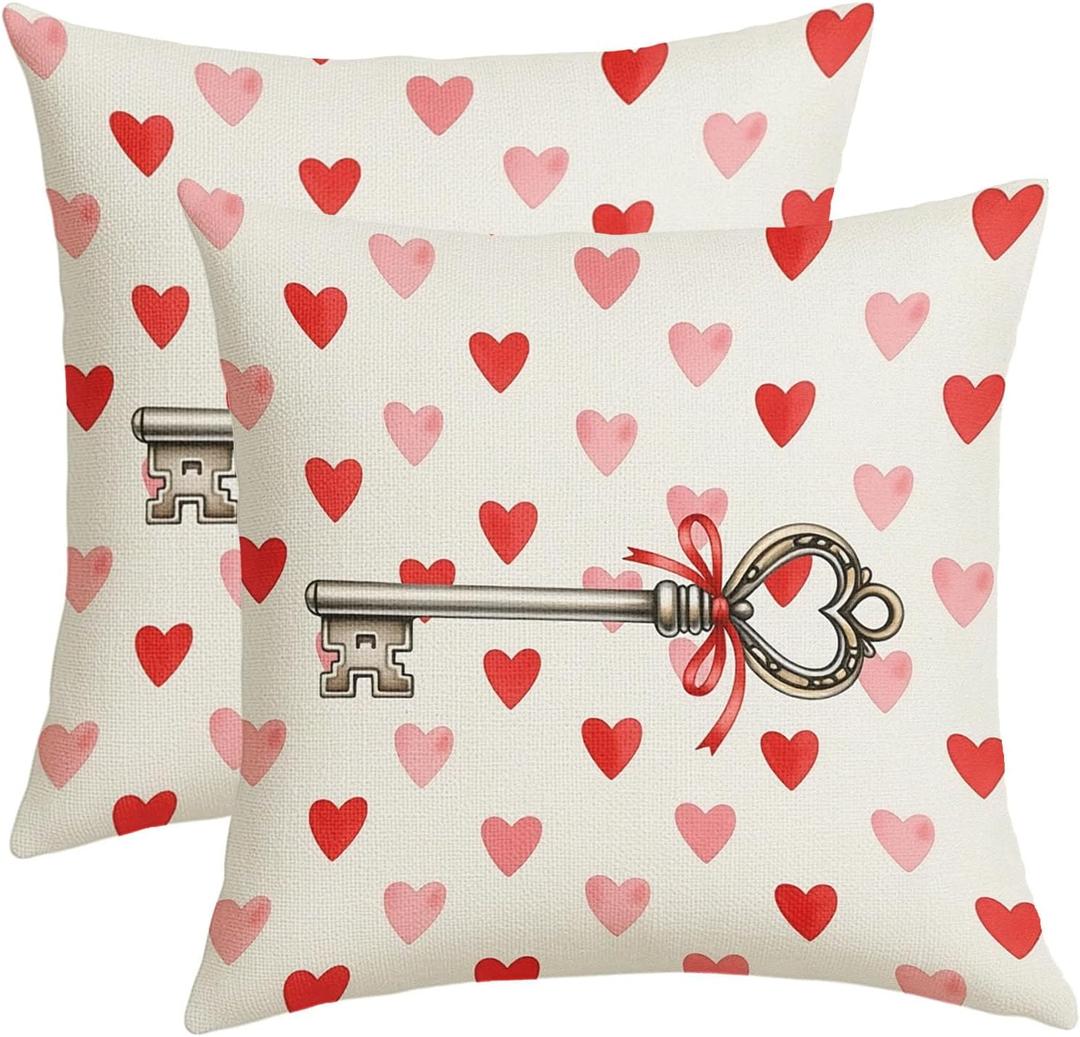 Red Pink Heart Valentines Pillow Covers 18x18 Inch Cute Sweet Vintage Love Key Throw Pillows For Couch Soft Durable Cushion Covers Valentines Day Farmhouse Pillow Cases for Bed Sofa Decor Set of 2