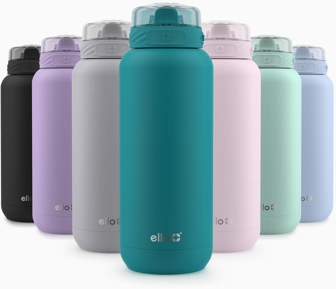 Ello Cooper 22oz Stainless Steel Water Bottle with Straw and Carry Handle, Double Walled and Vacuum Insulated Metal, Leak Proof Locking Lid with Soft Silicone Spout, Reusable, BPA Free, Antigua