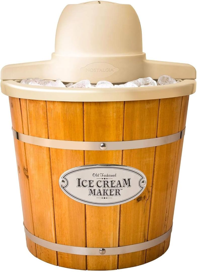 Nostalgia Electric Ice Cream Maker With 4 Qt Capacity- Old Fashioned Ice Cream Machine Makes Frozen Yogurt or Gelato in Minutes- Vintage Wooden Style Ice Cream Maker with Aluminum Canister- Light Wood