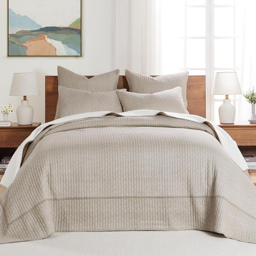 Levtex Home Cross Stitch Reversible Queen Bedspread Set (104x106in) with 2 Pillow Shams (26x20in) - Stitch Texture - Taupe - Cotton Queen Size Bedspread Set - Lightweight, Soft, Pre-Washed