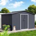 12 x 10 ft Outdoor Storage Shed, Garden Tool Metal Shed with Lockable Entrance, Air Vents and Sloping Roof, Metal Aluminum Waterproof Tool Sheds for Gardens, Patio, Garage, Lawn, Gray