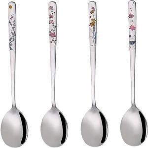 Korean Soup Spoons, 18/8 Stainless Steel Long Handle 8 Inch Tablespoon, Asian Metal Dinner Spoons, Set of 4 (flowers)