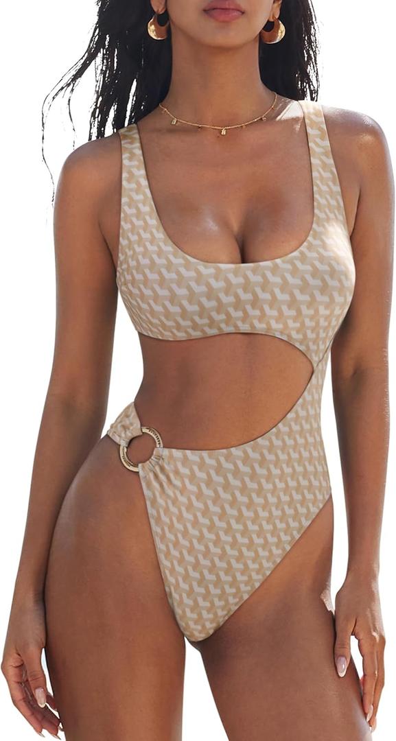 SUUKSESS Women Sexy One Piece Tummy Control Swimsuit Cutout Backless Bathing Suit (Medium, Ivory Geo)