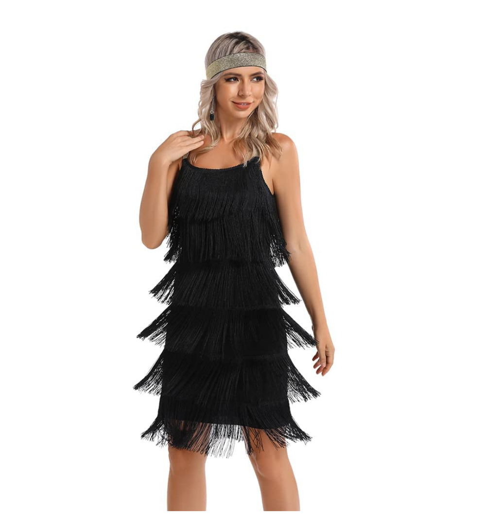 Women's Great Gatsby Flapper Spaghetti Tassel Dress with Headband, 20s Elegant Mini Dress Party Accessory COSTUME OUTFIT (L, Black)