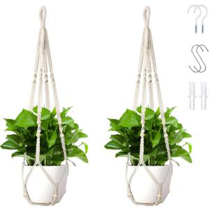 Macrame Plant Hanger Set of 2, 35 Inch Indoor Hanging Planter with 4 Hooks, Macrame Plant Hangers for Pots, No Tassels Boho Home Decor, Ivory (Pots Not Included)