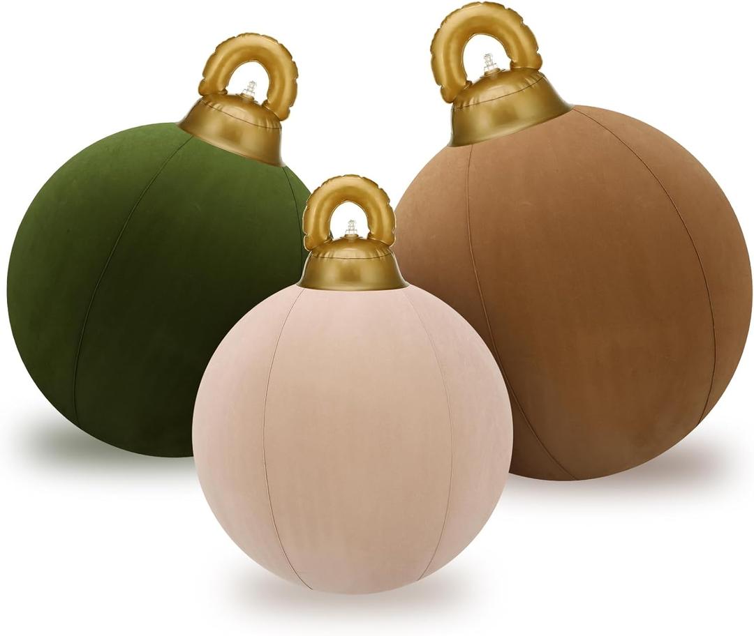 Jenaai 3 Pcs Giant Velvet Christmas Inflatable Ball Ornament Large PVC Christmas Inflatable Balls 3 Size 24" 20" 18" Xmas Hanging Ornaments Outdoor Decor for Lawn Porch Yard(Classic)