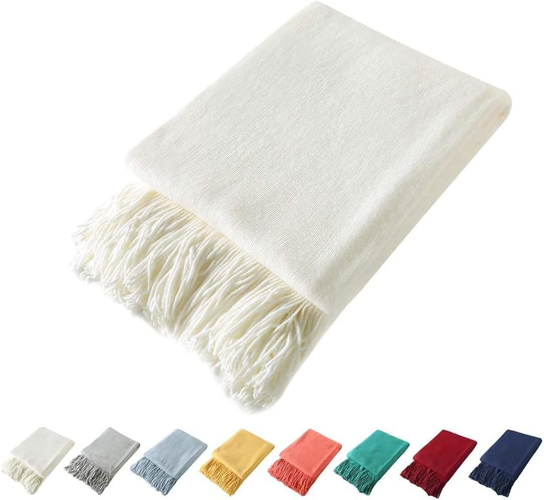 Homiest Decorative Knitted Throw with Fringe, Lightweight Acrylic Knit Blanket, Soft & Cozy Tassel Blanket for Couch, Sofa, Bed (Ivory White, 60 x 80 Inch)