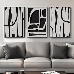 Framed Black and White Abstract Wall Art for Living Room, 3 Piece Modern Minimalist Line Canvas Art Work Prints Black Painting Wall Art Decor for Bedroom, Home Office, 16x24 Inch (Interweave)