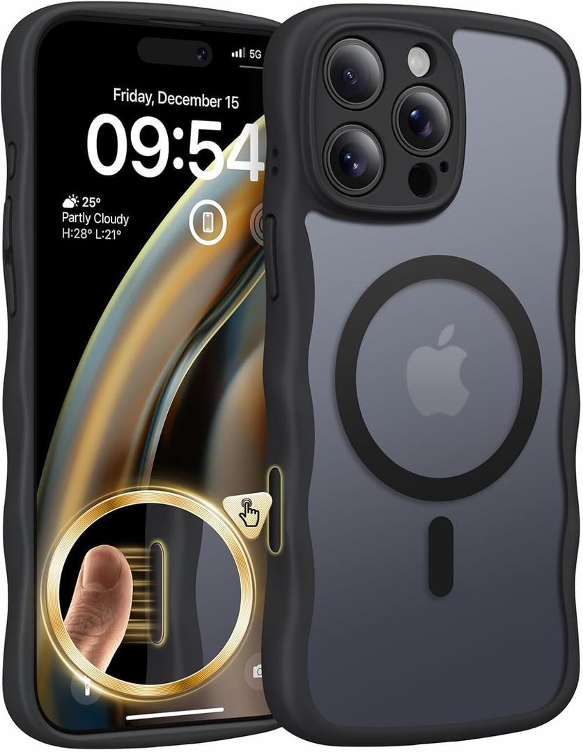 TAURI Magnetic for iPhone 16 Pro Max Case, Cute Wavy Design [Full Camera Protection] [Compatible with Magsafe] Anti-Slip Translucent Matte Case for iPhone 16 Pro Max for Women Girls, Black