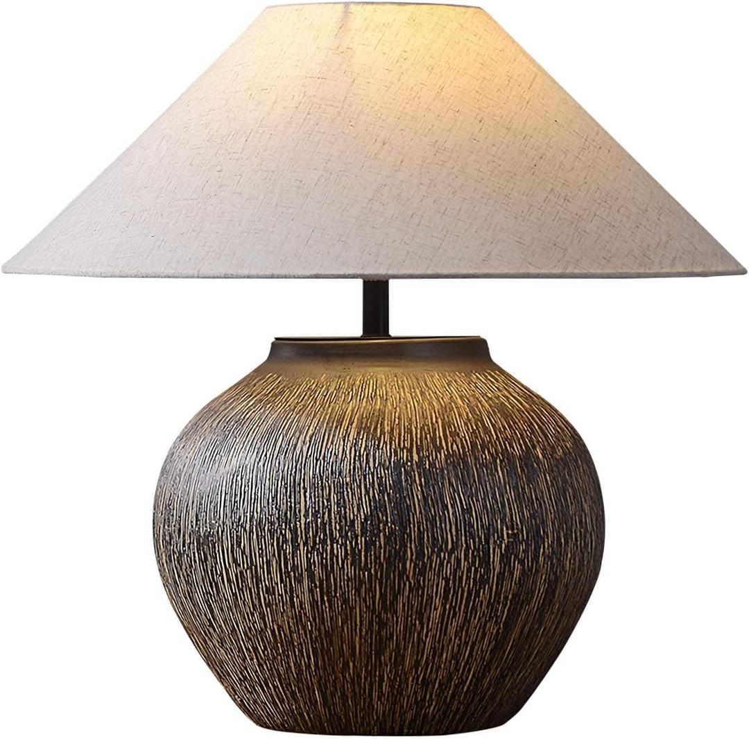 Rustic Farmhouse Table Lamp 20.8" Neutral Ceramic Table Lamp Brown White Checkered Ceramic with Linen Drum Shade Decor Bedside Nightstand for Living Room Bedroom (Small)