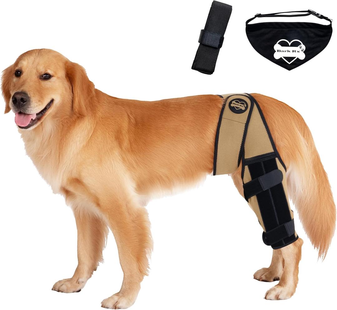Dog Knee Brace Hind Leg - Orthopedic Brace for Dogs - Integrated Support Strap for Canine Cruciate Ligament, Luxating Patella, Dislocation Injury - Includes Bandana Collar - Camo & Brown (L)