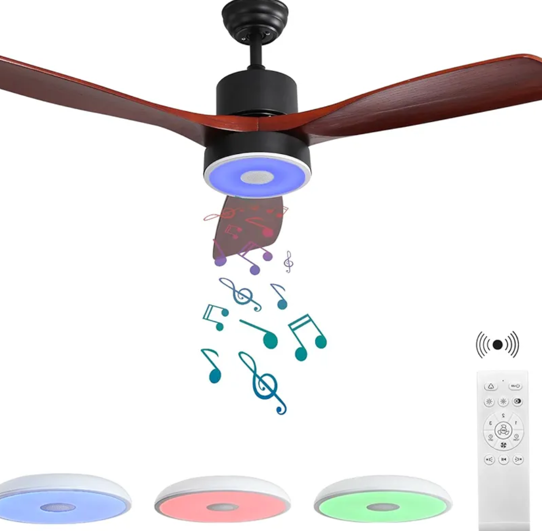 52 Inch Wood Ceiling Fan with RGB Dimming LED Light,with Music Bluetooth Speaker,Remote Control,3-Speed Regulation, Reversible Motor,Timing,for Living Room,Bedroom,Restaurant,Outdoor