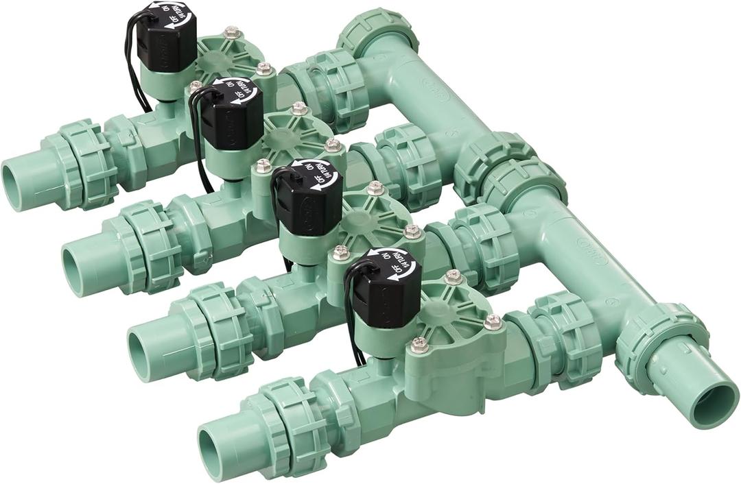 Orbit 57257 4-Valve Preassembled Sprinkler Manifold Easy Install, Smart Controller Compatible, Works with PVC & Poly Pipe, Includes 4 in-Line Valves