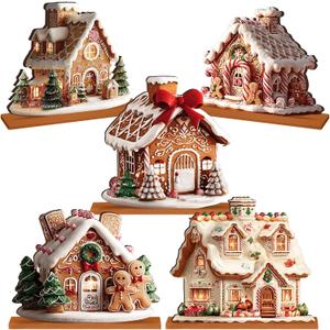 Chunful 5 Pcs Gingerbread Christmas Table Decorations Wooden Gingerbread House Decor Christmas Centerpiece Ginger Bread Village Decorations Winter Tiered Tray Decor with Base for Xmas Home Kitchen