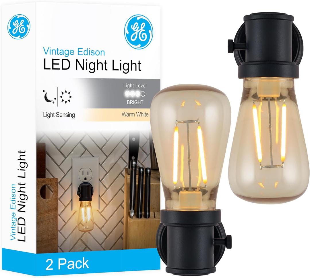GE Vintage LED Edison Night Light, Plug-in, Dusk to Dawn, Farmhouse Decor, Mood Lighting, Home Decor, Ambient Lighting, LED Lights for Bedroom, Bathroom, Kitchen, Hallway, Black, 2 Pack, 71349 (Black Edison)