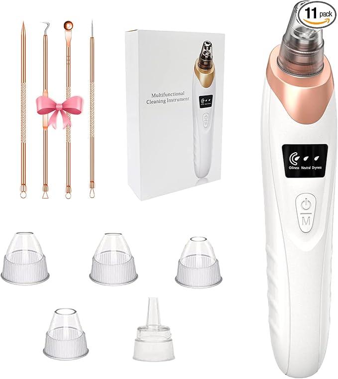 2026 Pore Vacuum, Rechargeable Blackhead Remover Vacuum with 5 Suction Heads, Face Vacuum Pore Cleanse 3 Adjustable Suction Levels, Stainless Steel Tools for Nose Face, At-Home Skincare Kit- White