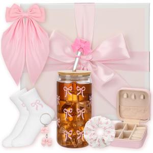 Honeydak 9 Pcs Pink Coquette Bow Gift Set with 16 oz Aesthetic Pink Glass Cup, Jewelry Box, Socks, Hairband, Keychain, Gift Box, Bow Knot Coquette Stuff Presents for Girls Women Sister Friend