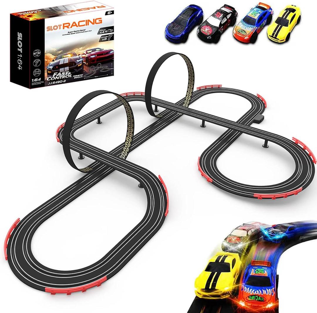 Slot Racing Car Track for Kids 28Ft Electric Powered Race Tracks Sets for Boys and Kids ,Dual Racing with 4 High Speed Cars and 2 Hand Controllers, Gift Toys for Children 6,7,8 Years Old