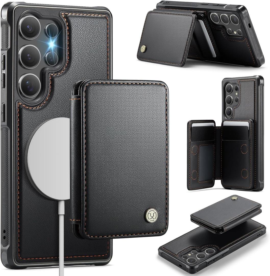 Compatible with Magsafe for Samsung Galaxy S25 Ultra Wallet Case Magnetic Card Holder, RFID Blocking 2 in 1 Detachable Kickstand Shockproof Case for Women Men, Black