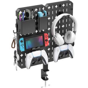 KDD 7 in 1 Clamp-on Desk Pegboard - No Drill Desk Side Storage with Phone Stand/Pen Holder/Storage Box/Headset & Controller Holder/Hooks, Detachable Gaming Pegboard for Office & Home Desktop Organizer