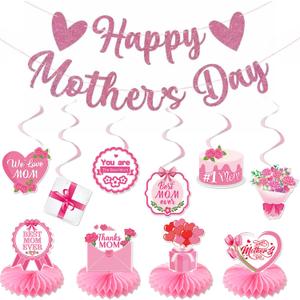 Happy Mothers Day Decorations Banner Pink Glitter, Mother's Day Hanging Swirls and Table Centerpieces Party Supplies Best Mom Ever Thanks Mom for Mother's Day Home Office Decor