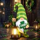 Retisee Solar St. Patrick's Day Garden Statue Resin Gnome Statue with Shamrock LED Lights Outdoor Lucky Solar Light Figurine Decoration for Yard Patio Lawn Gift for St. Patrick's Day Irish