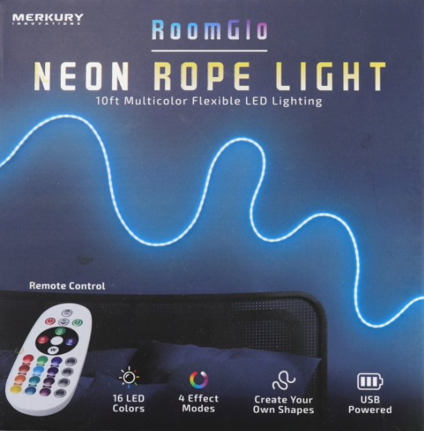Merkury RoomGlo 10ft Neon Rope Light 16 color Flexible LED Lighting w/ Remote