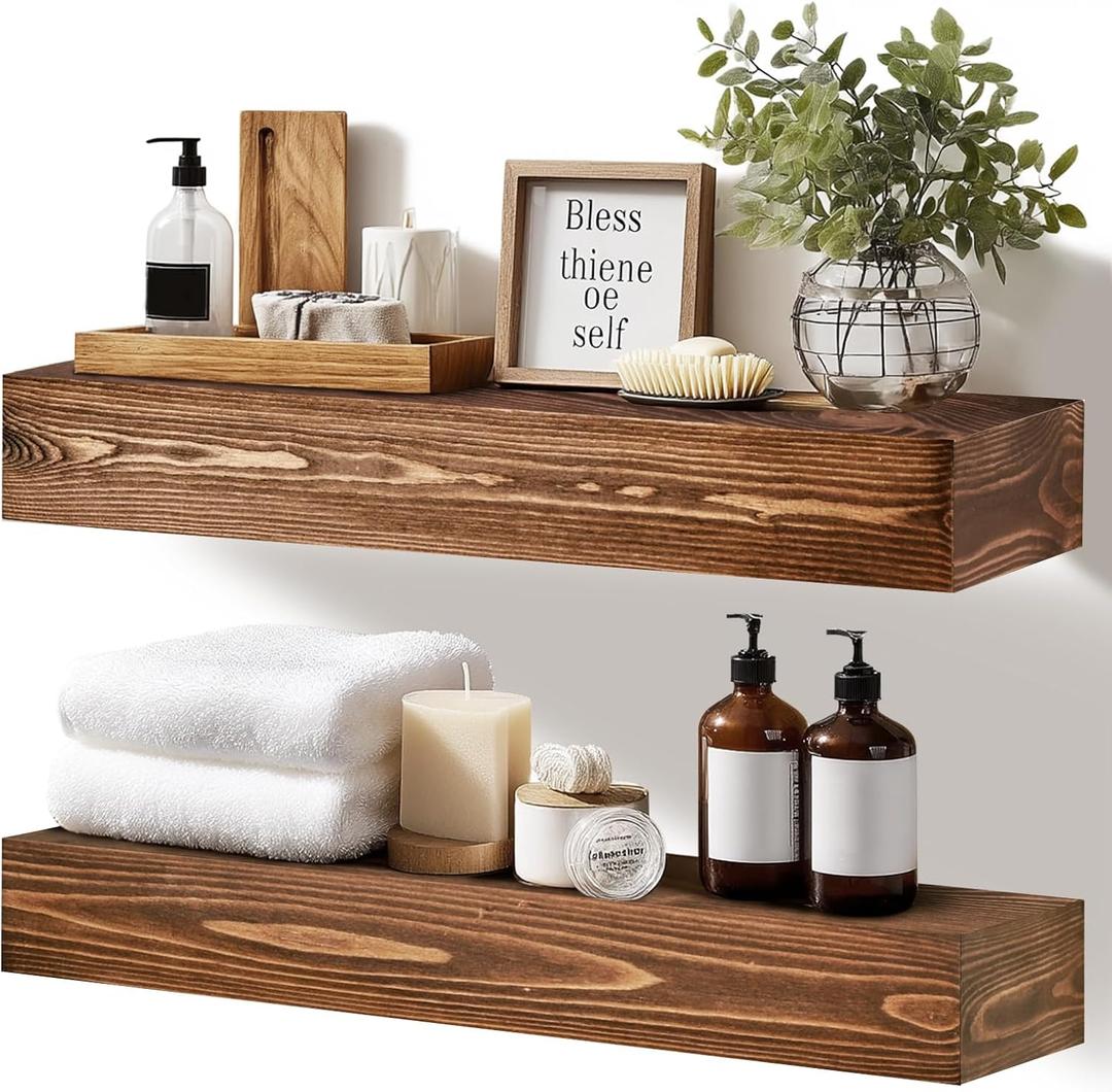 17x3x7 inch Floating Shelves Wall Mounted - Set of 2 Brown Rustic Solid Wood Wall Shelf - Heavy Duty Decorative Fireplace Mantel for Living Room, Bedroom, Bathroom, Kitchen
